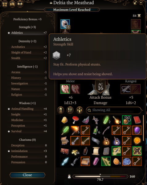 Baldur's Gate 3 Athletics skill tooltip