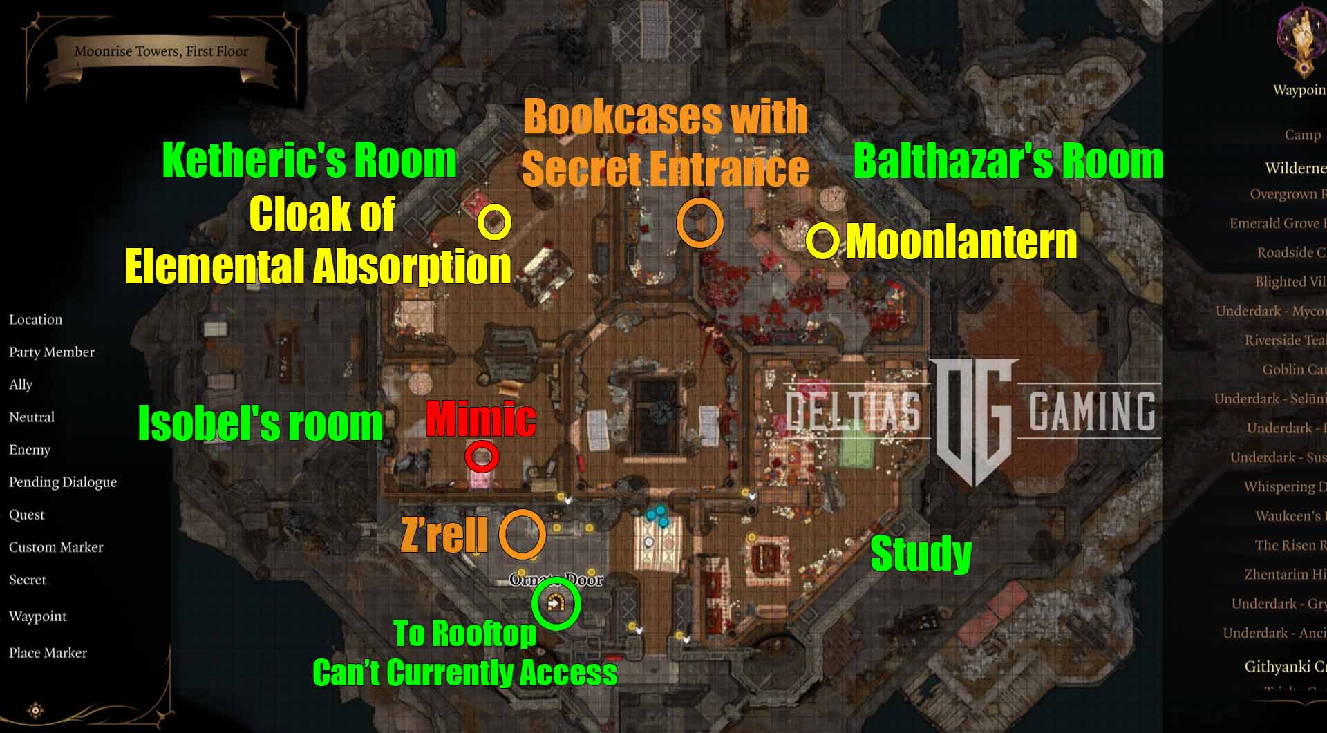 Baldur's Gate 3 Moonrise Towers First Floor location Moonlantern Z'rell Cloak of Elemental Absorption Mimic